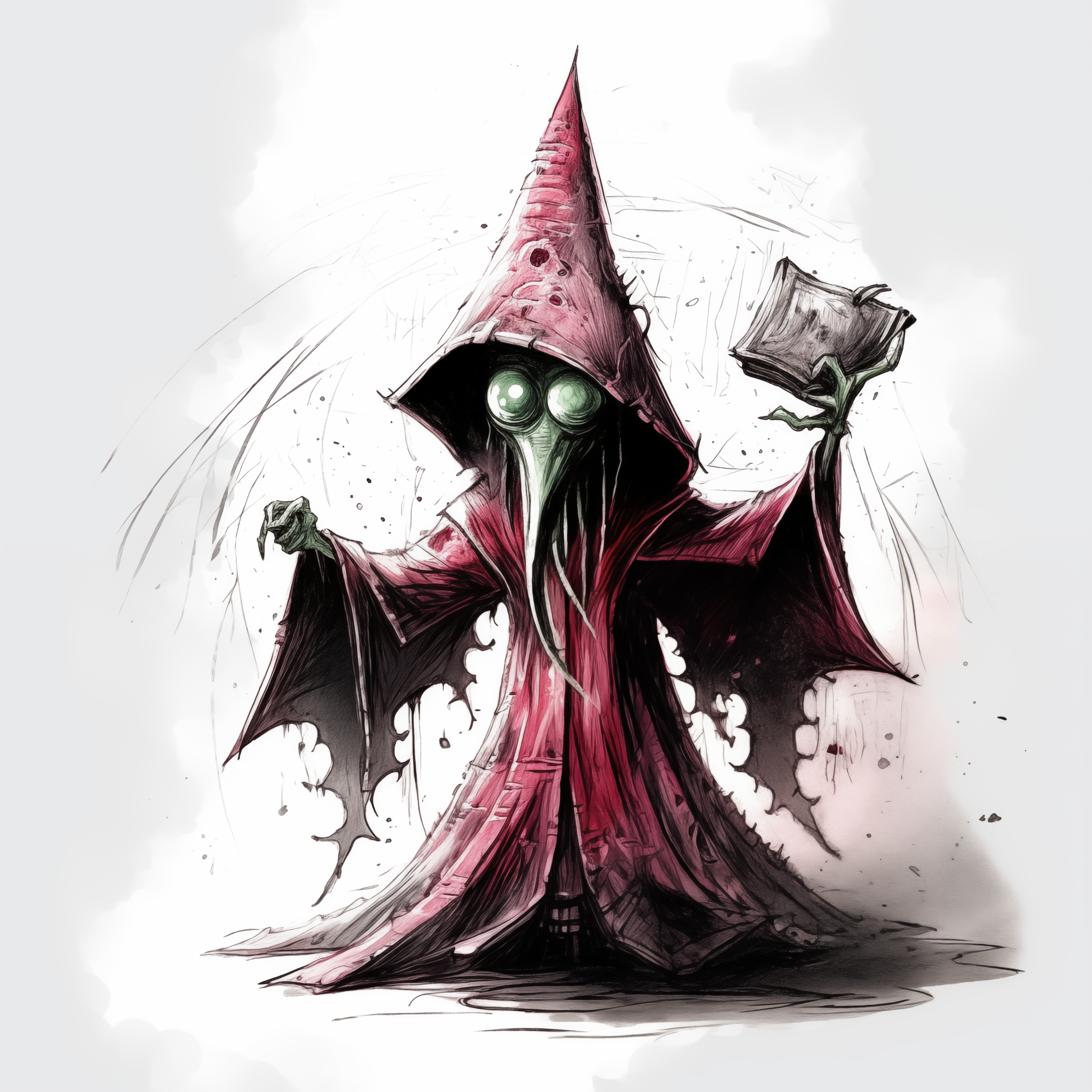S’klas image of hooded figure in torn red robes with large eyes and tentacles for a beard. Image generated in Midjourney